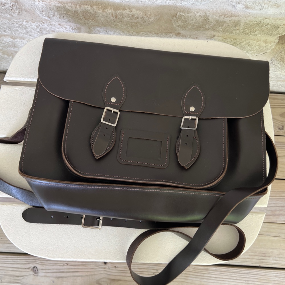 The Leather Satchel Co 15" dark brown England monogram bag briefcase messenger